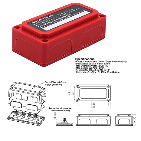 300A Bus Bar Box - Hochleistungs Modul Design Verteilerblock mit 4 x M8 Anschlussbolzen 300 Amp Sammelschienen
