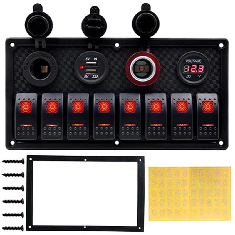8 Gang Wipp schalter Panel Leistungs schalter überlast geschütztes Voltmeter 12V 24V DC USB Ladegerät Port RV Auto Boot Marine blau LED