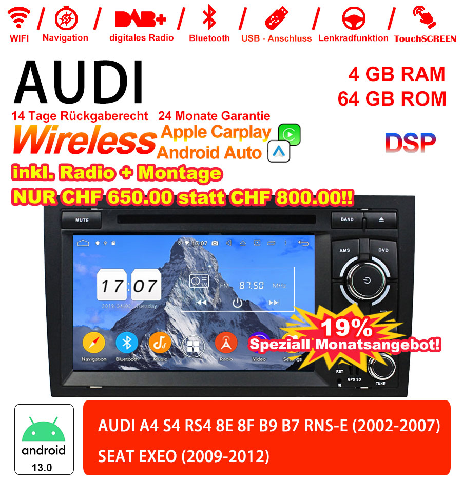 Android Autoradio für Audi A4/S4/RS4 (8E/8F/B7) 2002-2007 mit Wireless CarPlay & Android Auto