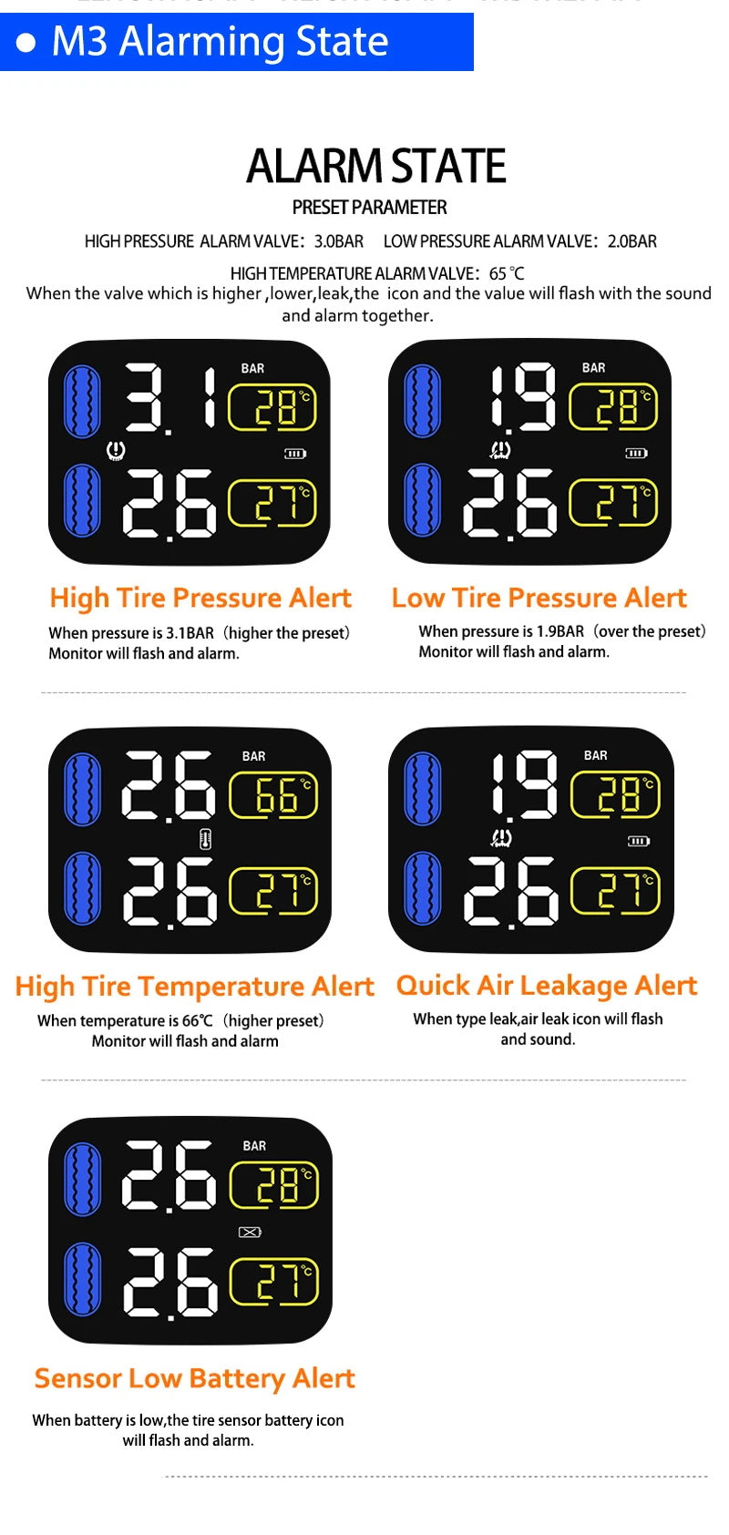 M3 Moto Wasserdichte Motorrad Echtzeit Tire Pressure Monitoring System TPMS Drahtlose LCD Display Externe Sensoren