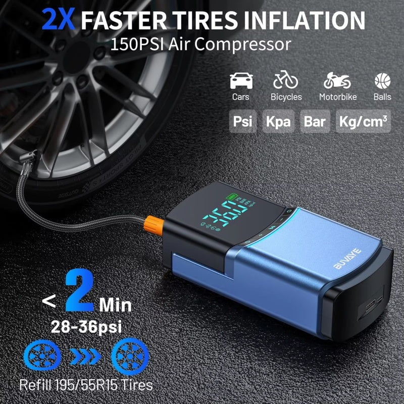 4 in 1 Auto Starthilfe Luftpumpe 150PSI Reifenkompressor 2000A Startergerät 10000 mAh Power Bank Digitale...