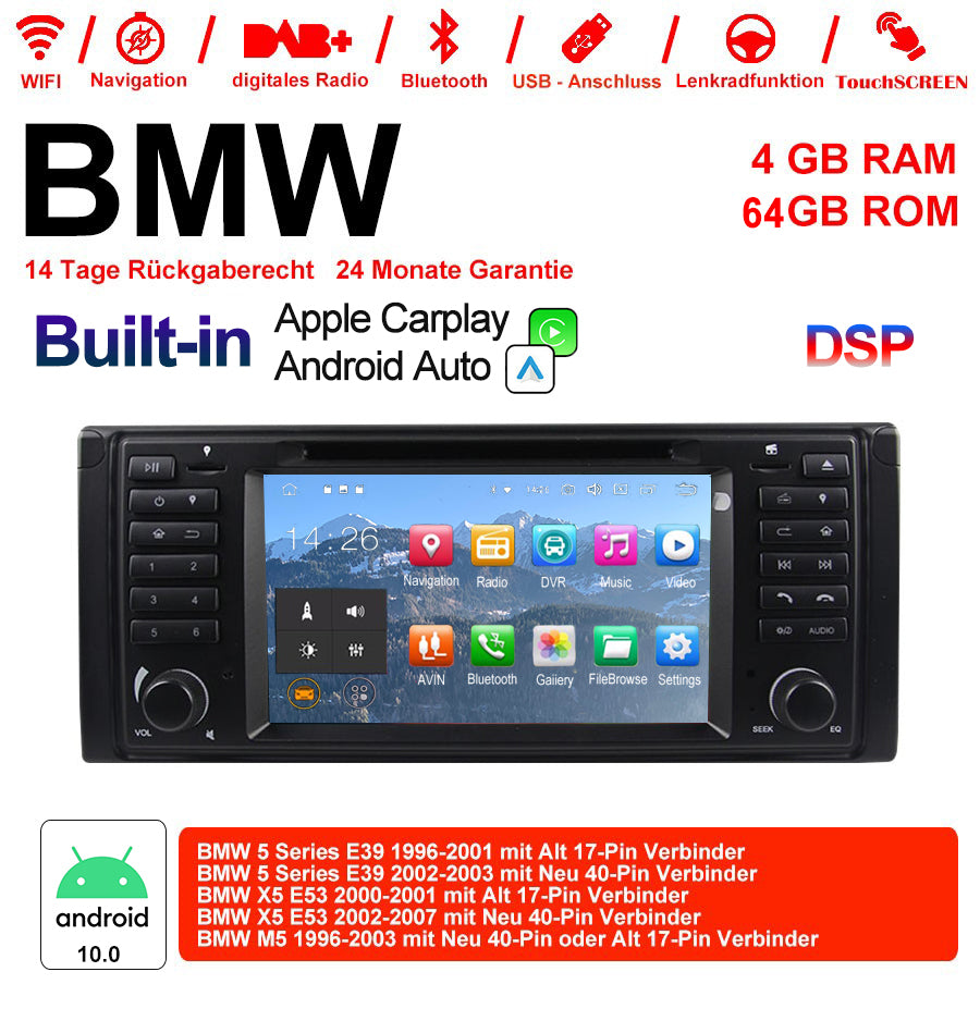 Android Autoradio für BMW 5er E39, X5 E53 und M5 E39 1996-2007 mit Wireless CarPlay, Android Auto & DAB+