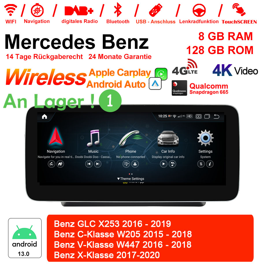 Android Autoradio für Mercedes Benz GLC X253, C-Klasse W205 und V-Klasse W446/W447/W639 2015-2020 mit Wireless CarPlay, Android Auto & DAB+