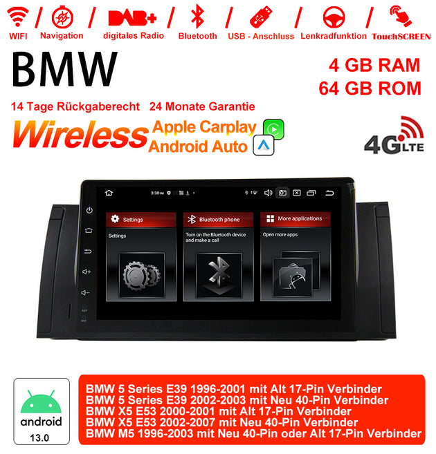 Android Autoradio für BMW 5er E39, X5 E53 und M5 E39 1996-2007 mit Wireless CarPlay, Android Auto & DAB+
