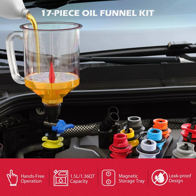 Motoröl-Trichter-Set 18-teilig – mit 12 Adaptern & magnetischer Sieb-Aufbewahrung