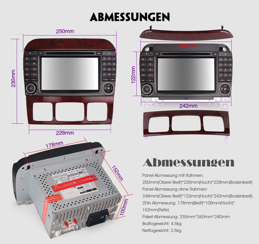 Android Autoradio für Mercedes Benz S-Klasse W220 1998-2005 mit Wireless CarPlay, Android Auto & DAB+