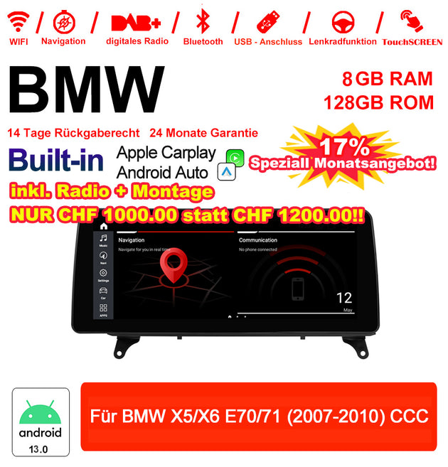 Android Autoradio für BMW X5 E70 und X6 E71 2007-2010 mit Wireless CarPlay, Android Auto & DAB+