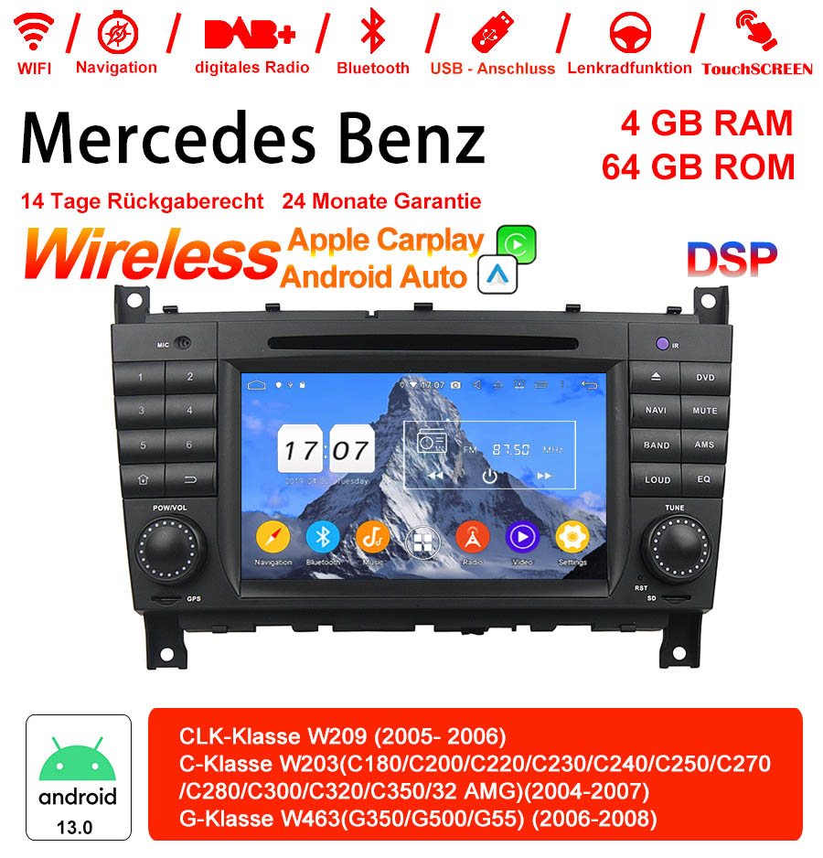 Android Autoradio für Mercedes Benz CLK W209, C-Klasse W203/C180/C200/C220/C230/C240/C250/C270/C280/C300/C320/C350 und G-Klasse W463 2004-2008 mit Wireless CarPlay, Android Auto & DAB+