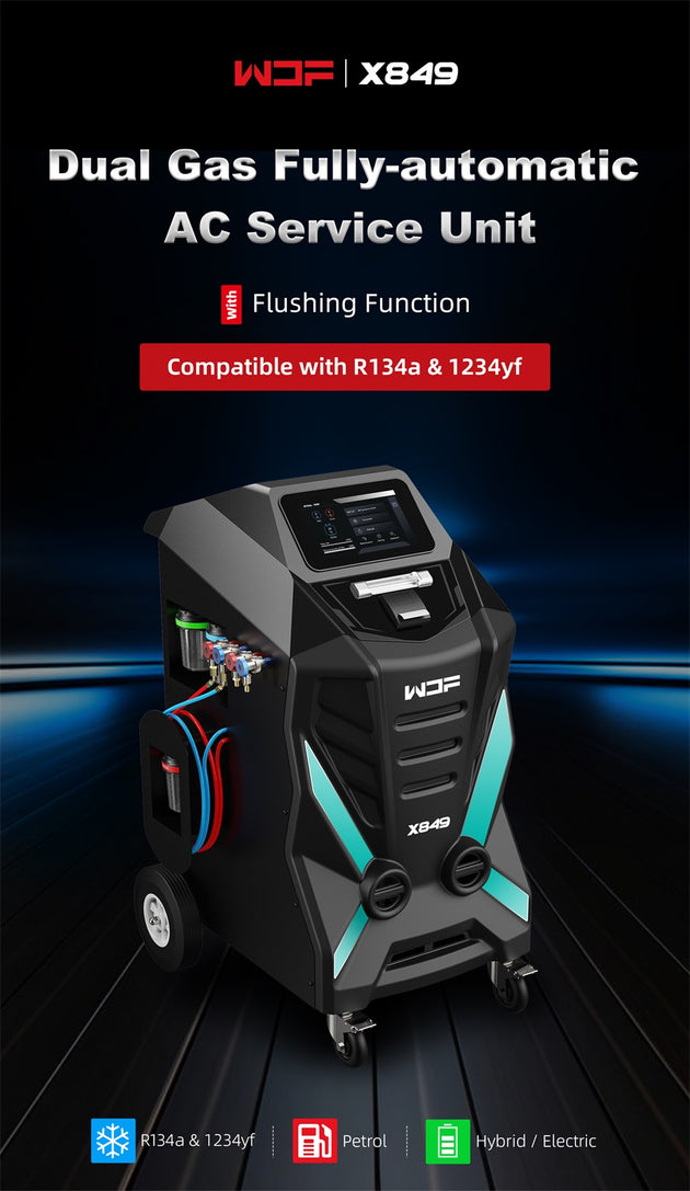 WDF X849 Vollautomatische Klimaservice-Station mit Hochleistungs-Spülungsfunktion für R134a & R1234yf –...