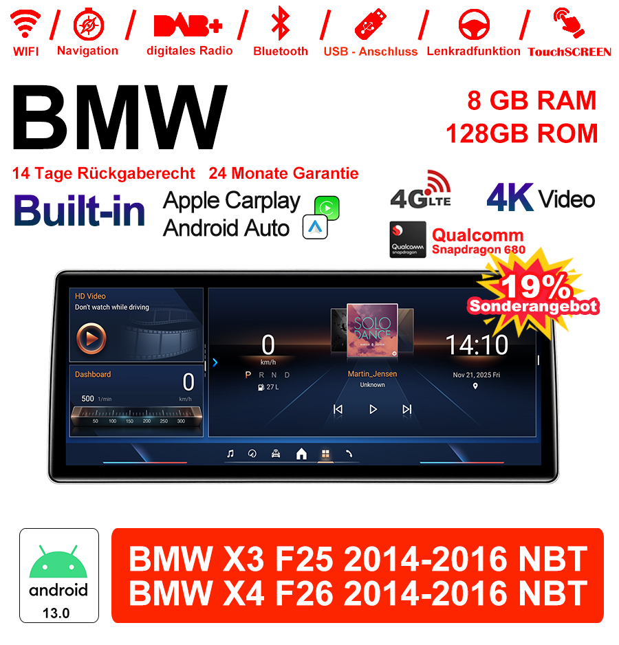 BMW X3 X4 Android Autoradio 8.8 / 12.3 Zoll mit Wireless CarPlay