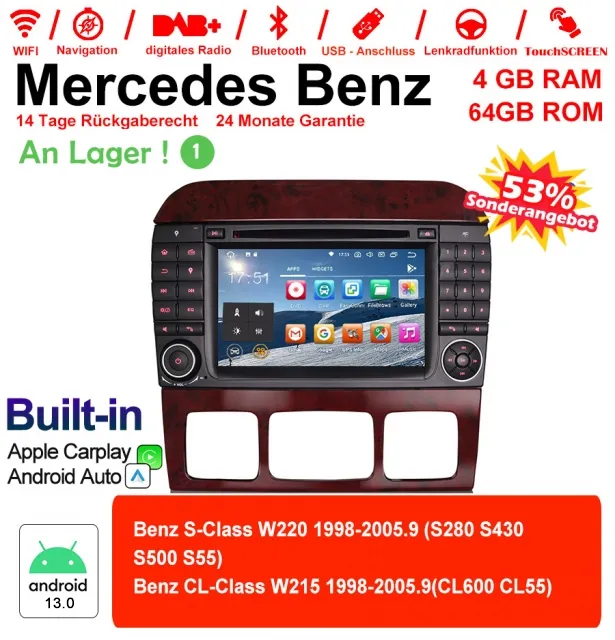 Android Autoradio für Mercedes Benz S-Klasse W220 1998-2005 mit Wireless CarPlay, Android Auto & DAB+