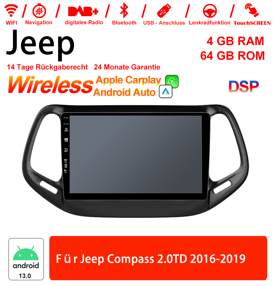 Android Autoradio für Jeep Compass 2.0TD 2016-2019 mit Wireless CarPlay & Android Auto