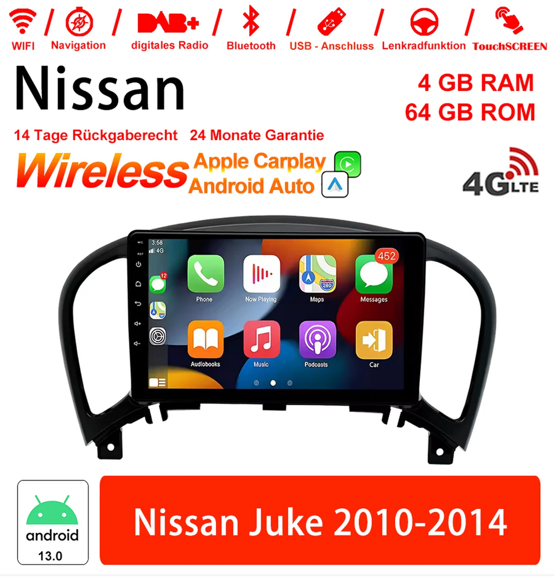Android Autoradio für Nissan Juke 2010-2014 mit Wireless CarPlay & Android Auto