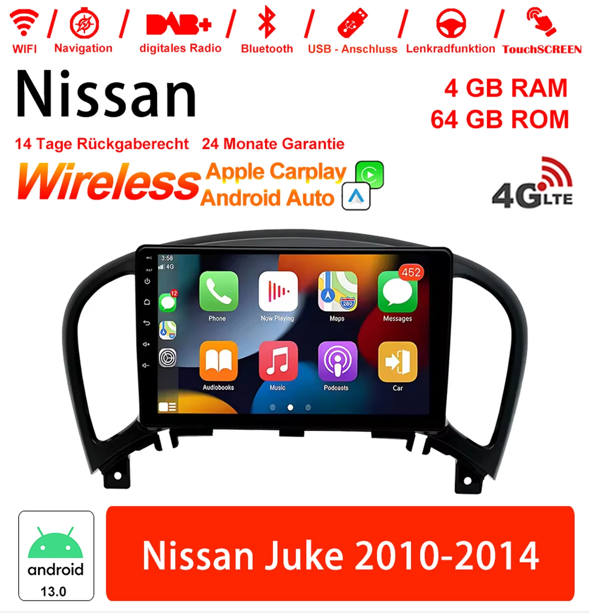 Android Autoradio für Nissan Juke 2010-2014 mit Wireless CarPlay & Android Auto