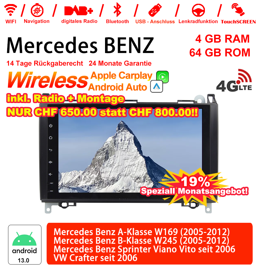 Android Autoradio für Mercedes Benz A-Klasse W169, B-Klasse W245 und Vito 2005-2012 mit Wireless CarPlay, Android Auto & DAB+