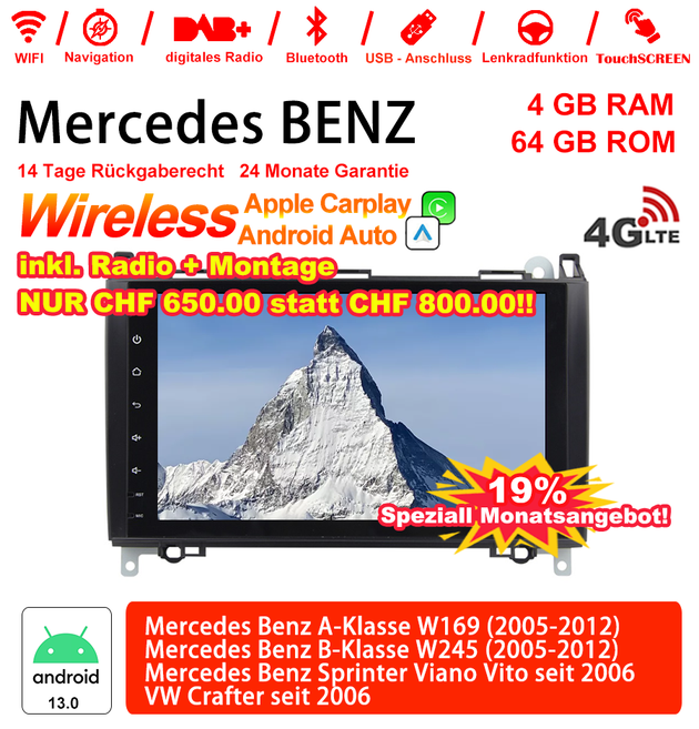 Android Autoradio für Mercedes Benz A-Klasse W169, B-Klasse W245 und Vito 2005-2012 mit Wireless CarPlay, Android Auto & DAB+