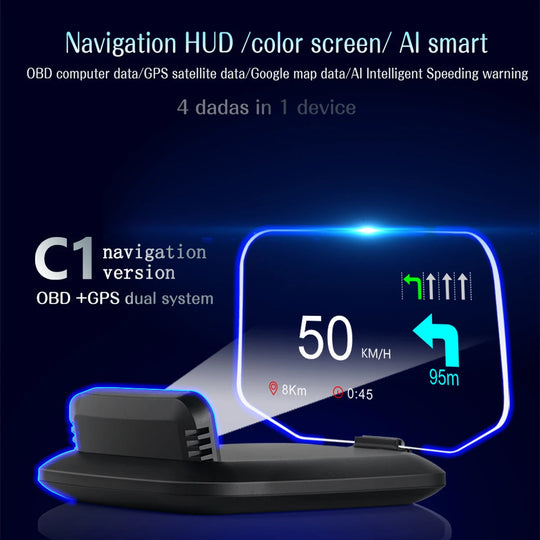 HD C1 OBD2 HUD Auto Head-Up-Display mit GPS, Digitale Geschwindigkeitsanzeige, KMH/MPH, RPM & Übergeschwindigkeitsalarm, Plug & Play