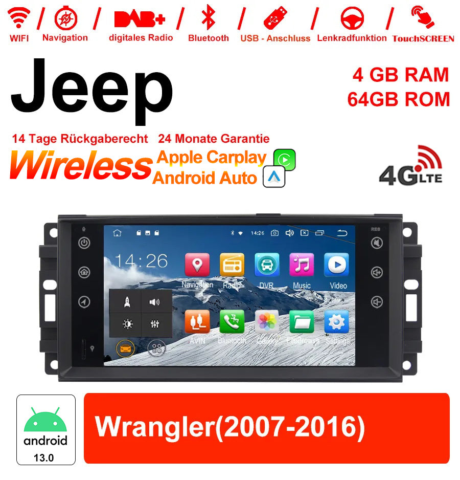 Android Autoradio 7 Zoll für Jeep Wrangler 2007-2016 mit 4GB RAM, 64GB ROM, WiFi, NAVI, Bluetooth und USB