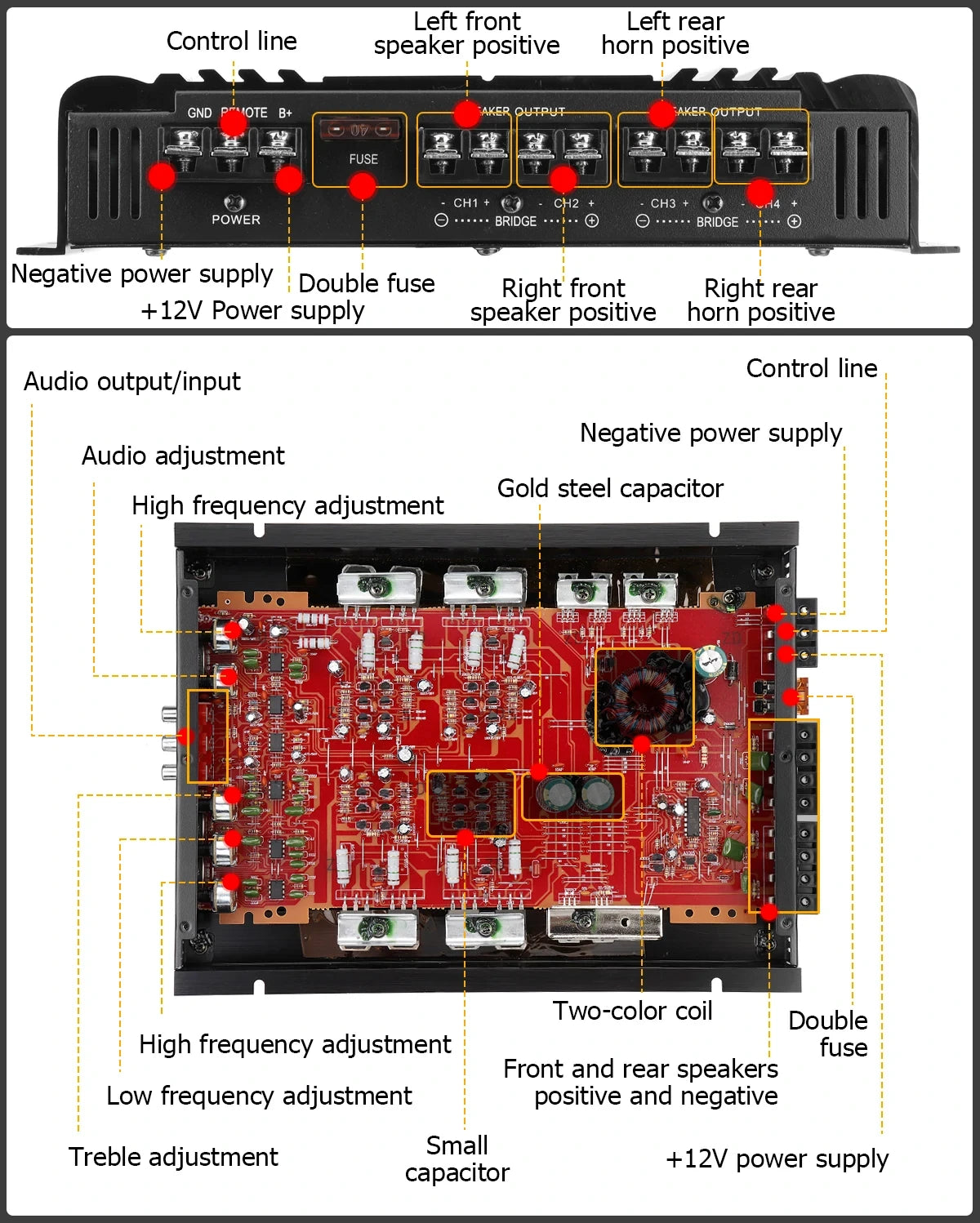 4-Kanal 12V Auto-Leistungsverstärker Klasse A/B Digital Stereo Surround Passiver Subwoofer Audio-Player für Autos Max 7900W