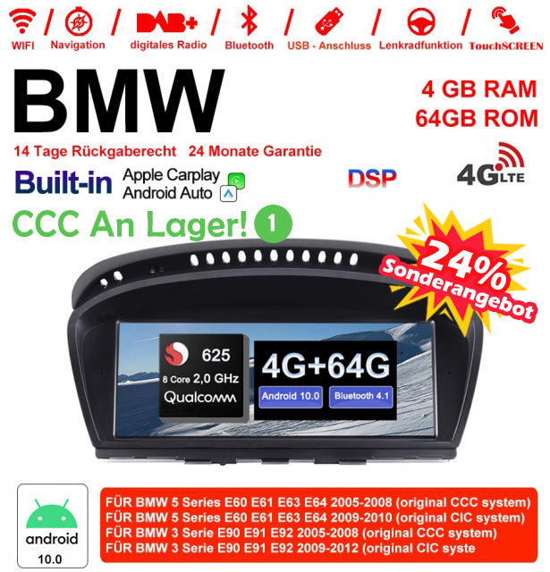 Android Autoradio für BMW 5er E60/E61/E63/E64 und 3er E90/E91/E92 2005-2012 mit Wireless CarPlay, Android Auto & DAB+