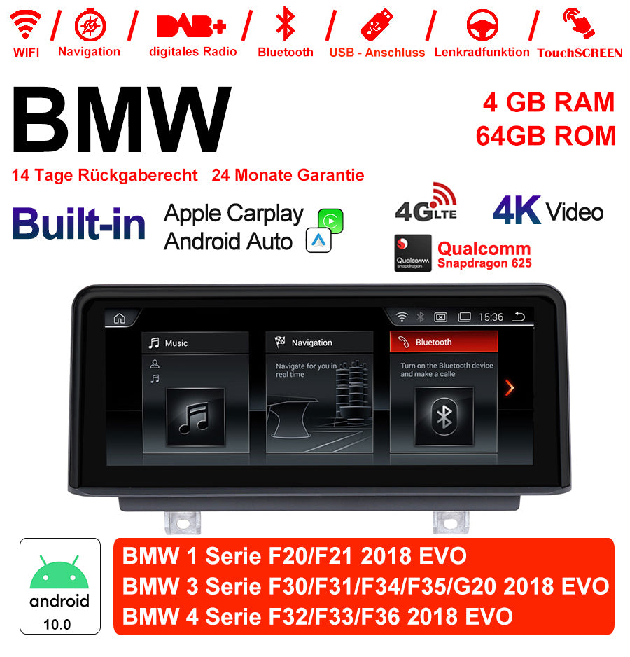 Android Autoradio für BMW 1er F20/F21, 3er F30/F31/F34/F35/G20 und 4er F32/F33/F36 2018 mit Wireless CarPlay, Android Auto & DAB+