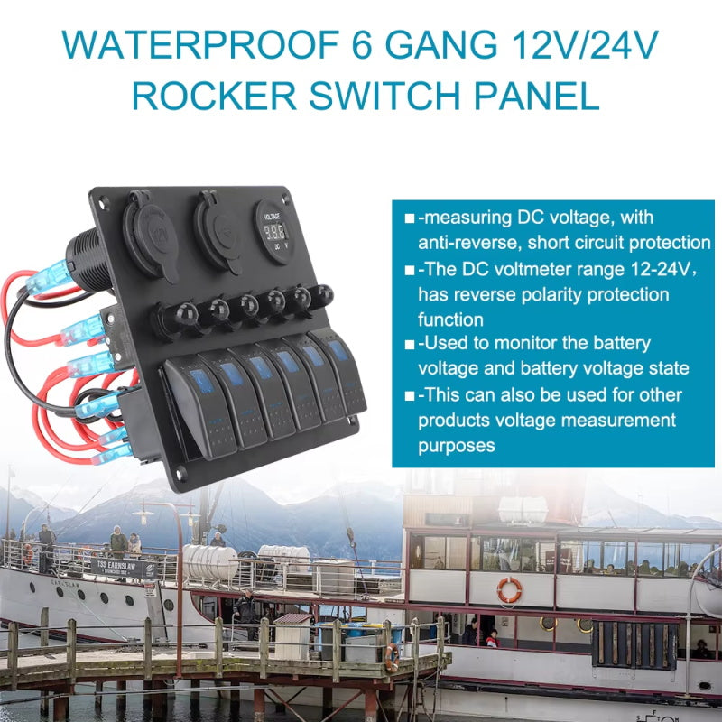 12V 24V 6 Tasten Auto Schalttafel 15a Sicherung Marine Leistungs schalter Voltmeter Tester Licht umschalten USB Ladegeräte 3,0 Auto Splitter
