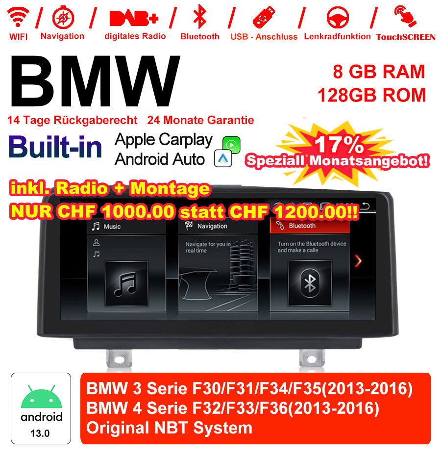 Android Autoradio für BMW 3er F30/F31/F34/F35 und 4er F32/F33/F36 2013-2016 mit Wireless CarPlay, Android Auto & DAB+