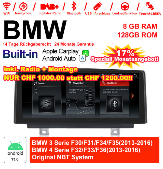 Android Autoradio für BMW 3er F30/F31/F34/F35 und 4er F32/F33/F36 2013-2016 mit Wireless CarPlay, Android Auto & DAB+