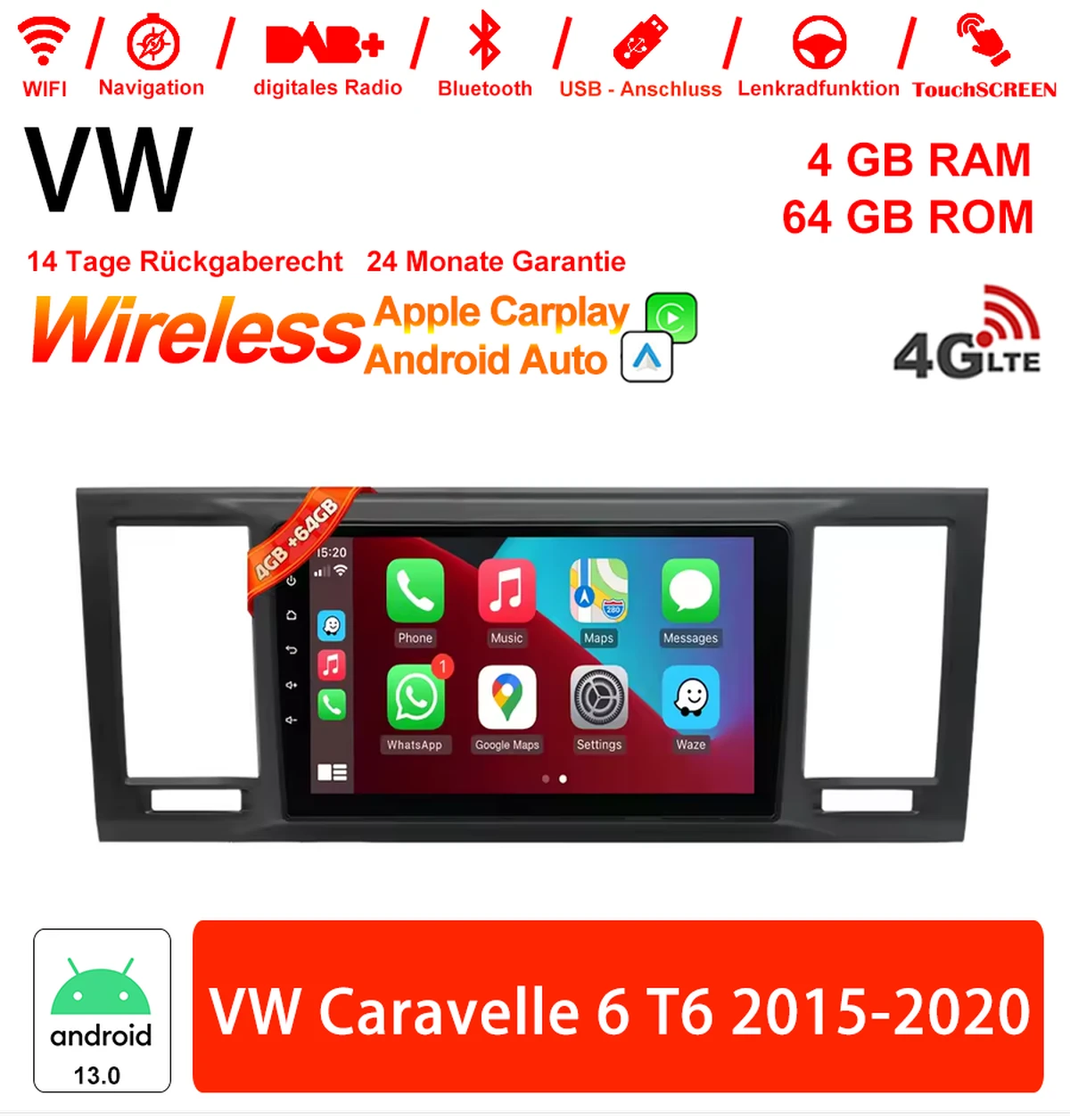 Android Autoradio für VW Caravelle 6 T6 2015-2020 mit Wireless CarPlay & Android Auto