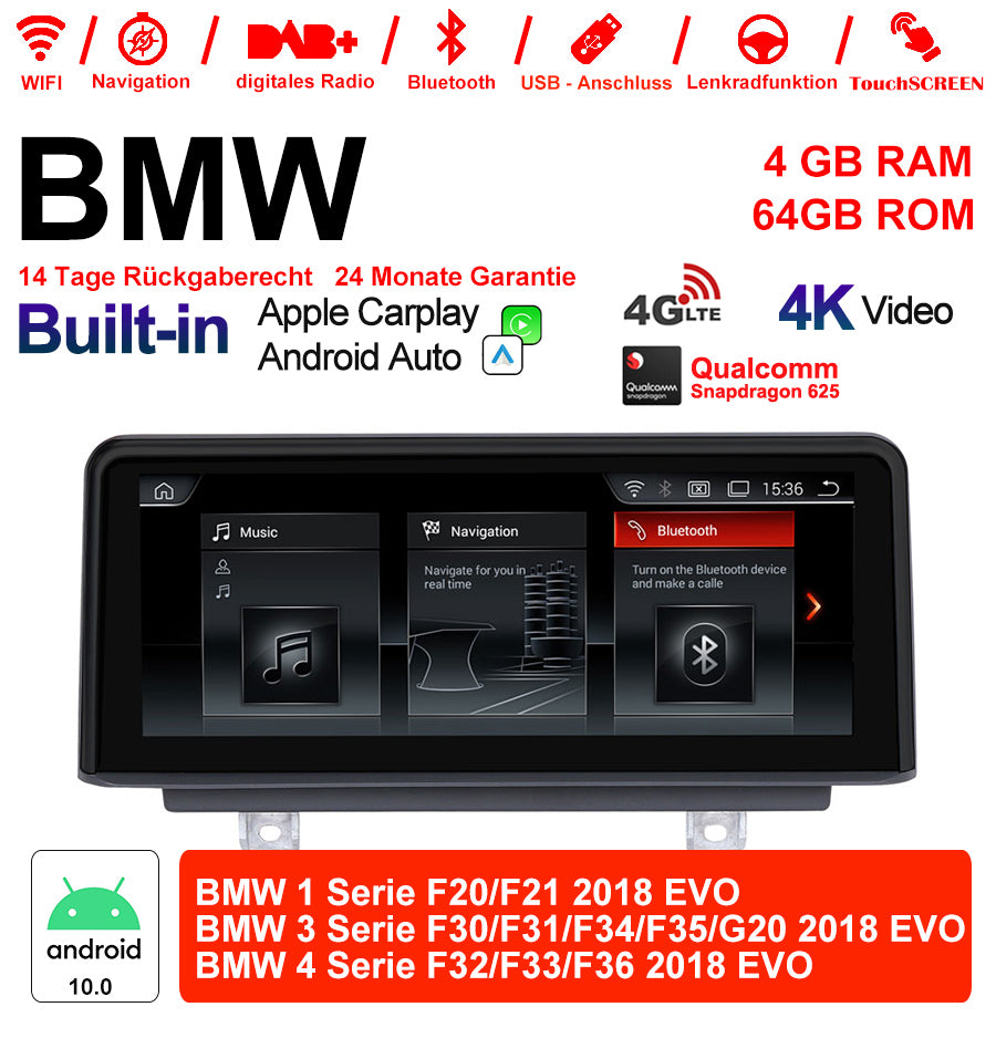 Android Autoradio für BMW 1er F20/F21, 3er F30/F31/F34/F35/G20 und 4er F32/F33/F36 2018 mit Wireless CarPlay, Android Auto & DAB+