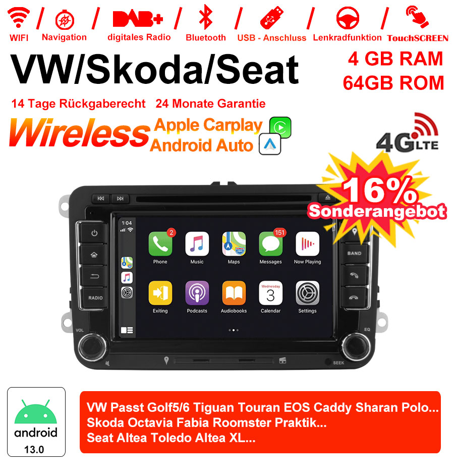 Android Autoradio für VW Golf, Jetta, Polo, Touran, Passat, Tiguan, Skoda Octavia, Fabia, SEAT Altea, Leon, Toledo (2003–2013) mit Wireless CarPlay & Android Auto