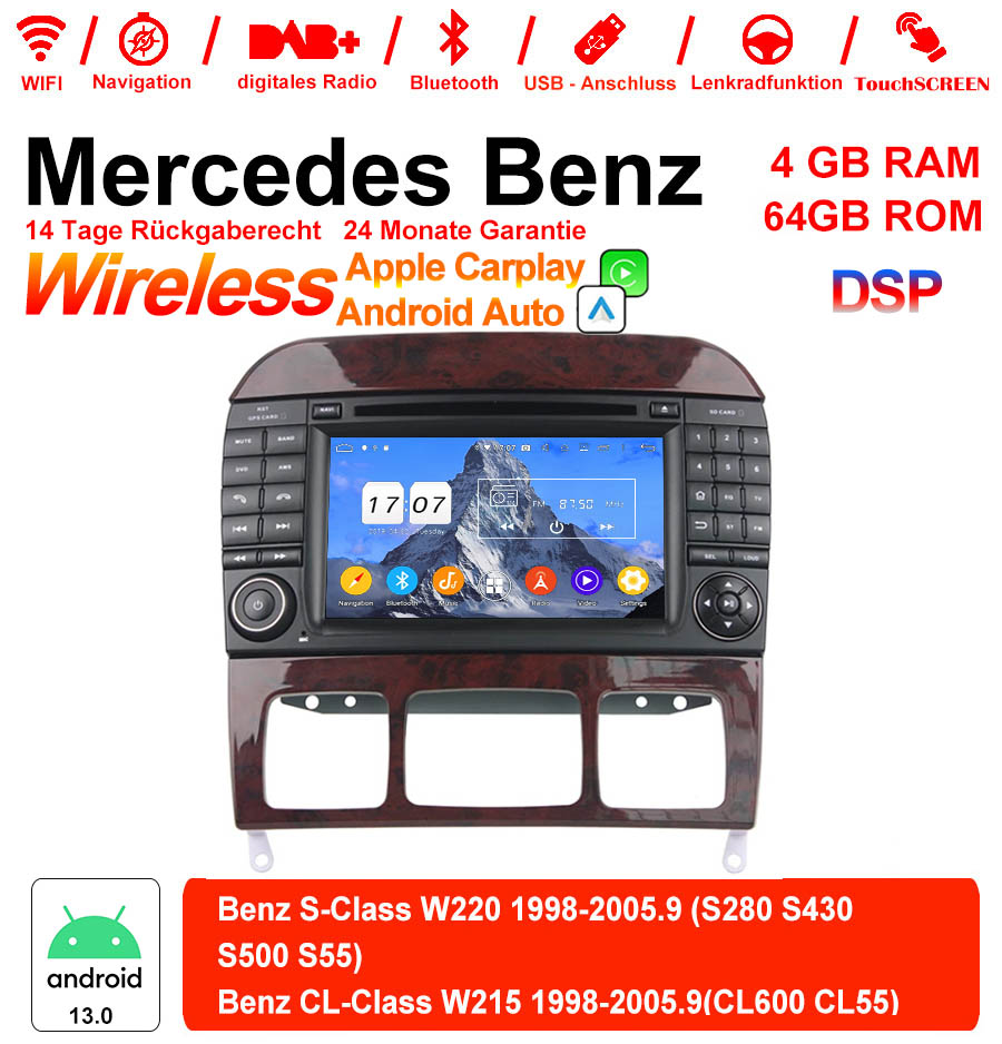 Android Autoradio für Mercedes Benz S-Klasse W220 1998-2005 mit Wireless CarPlay, Android Auto & DAB+
