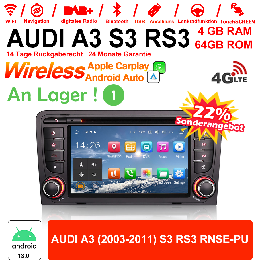 Android Autoradio für Audi A3 / S3 / RS3 (2003-2011) mit Wireless CarPlay & Android Auto