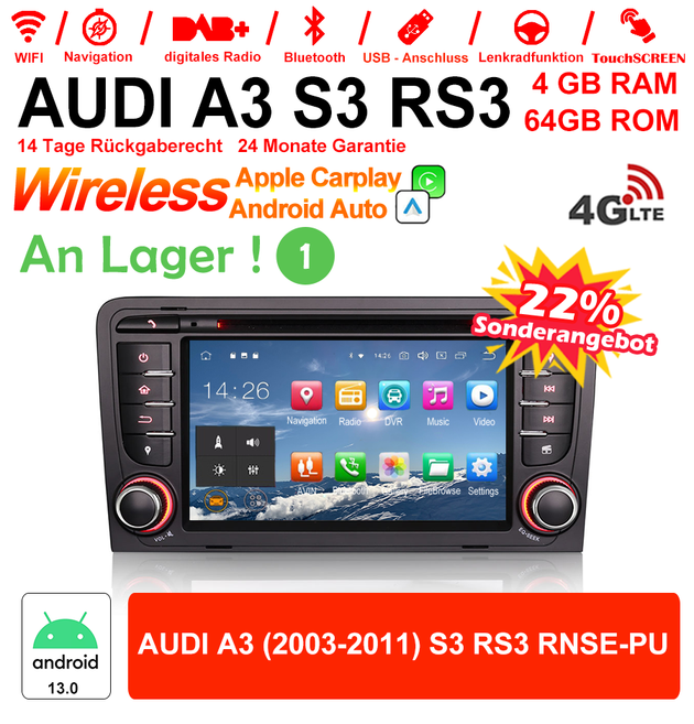 Android Autoradio für Audi A3 / S3 / RS3 (2003-2011) mit Wireless CarPlay & Android Auto