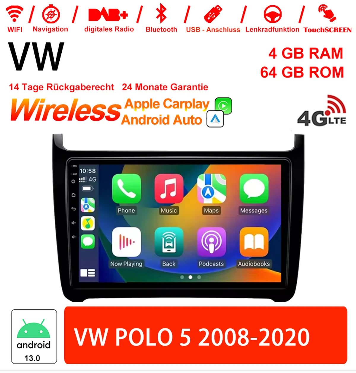 Android Autoradio für VW Polo 5 2008-2020 mit Wireless CarPlay & Android Auto