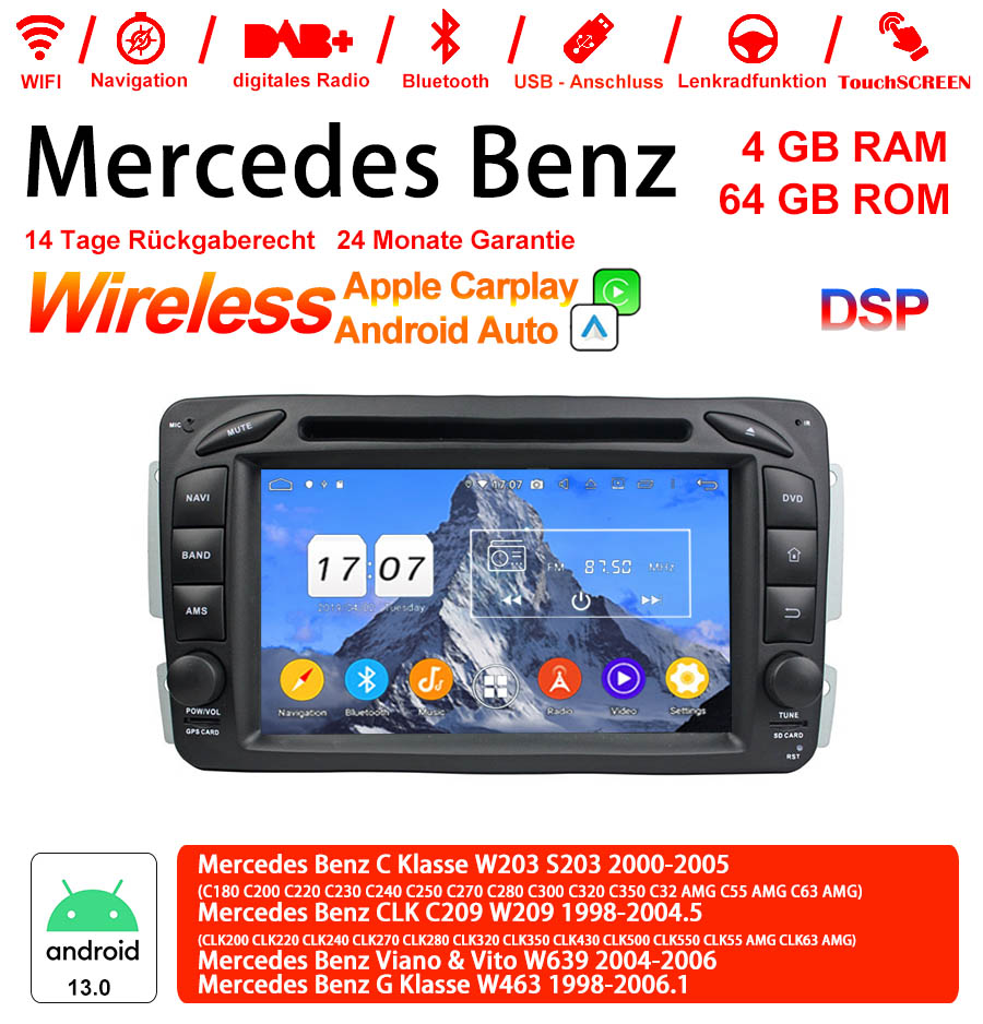 Android Autoradio für Mercedes Benz C-Klasse W203/C209/W209, S-Klasse W203 und CLK C209/W209 1998-2006 mit Wireless CarPlay, Android Auto & DAB+