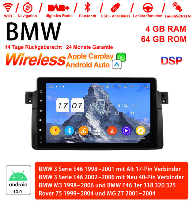 Android Autoradio für BMW 3er E46 und M3 E46 1998-2006 mit Wireless CarPlay, Android Auto & DAB+
