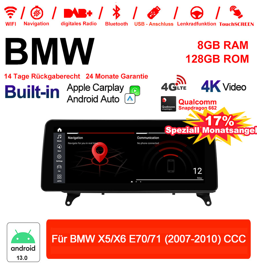 Android Autoradio für BMW X5 E70 und X6 E71 2007-2010 mit Wireless CarPlay, Android Auto & DAB+