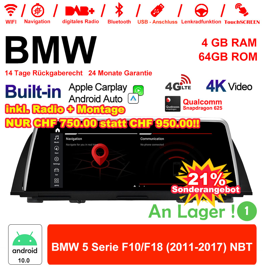 Android Autoradio für BMW 5er F10/F18 2011-2017 mit Wireless CarPlay, Android Auto & DAB+
