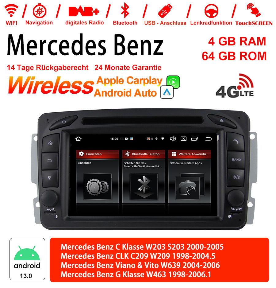 Android Autoradio für Mercedes Benz C-Klasse W203/C209/W209, S-Klasse W203 und CLK C209/W209 1998-2006 mit Wireless CarPlay, Android Auto & DAB+