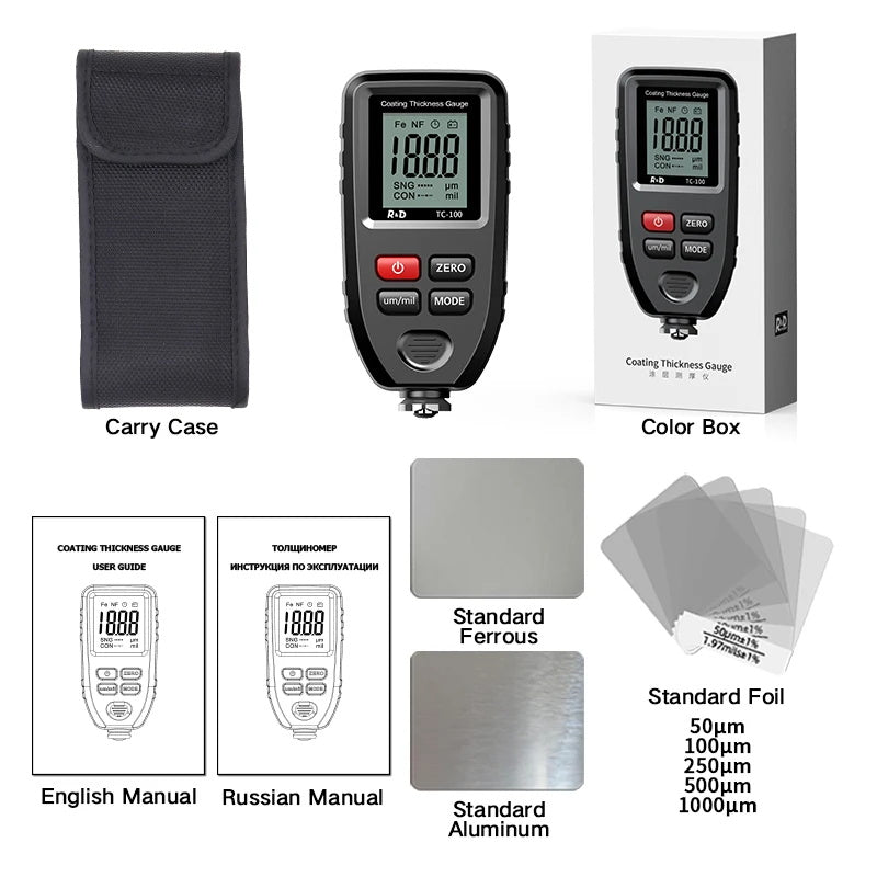 R&D TC100 Beschichtung Dicke Gauge 0,1 micron/0-1300 Autolack Film Dicke Tester Meter Mess FE/NFE russische...