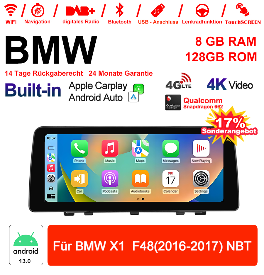 Android Autoradio für BMW X1 F48 2016-2017 mit Wireless CarPlay, Android Auto & DAB+