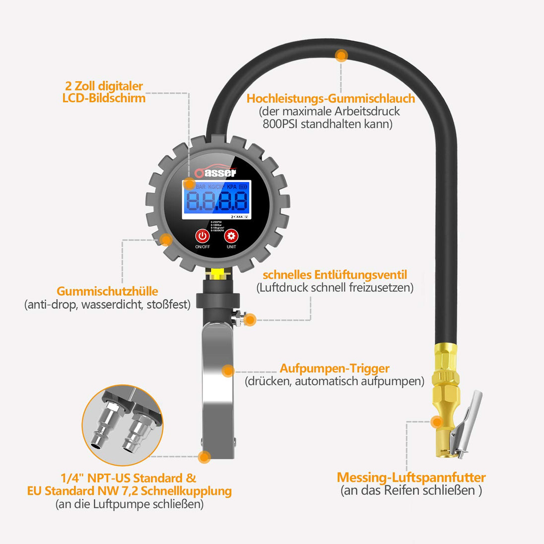 Digitaler Reifendruckmesser Reifenfüller 255 PSI Reifendruckmesser Digitaler Reifendruckprüfer für Auto...