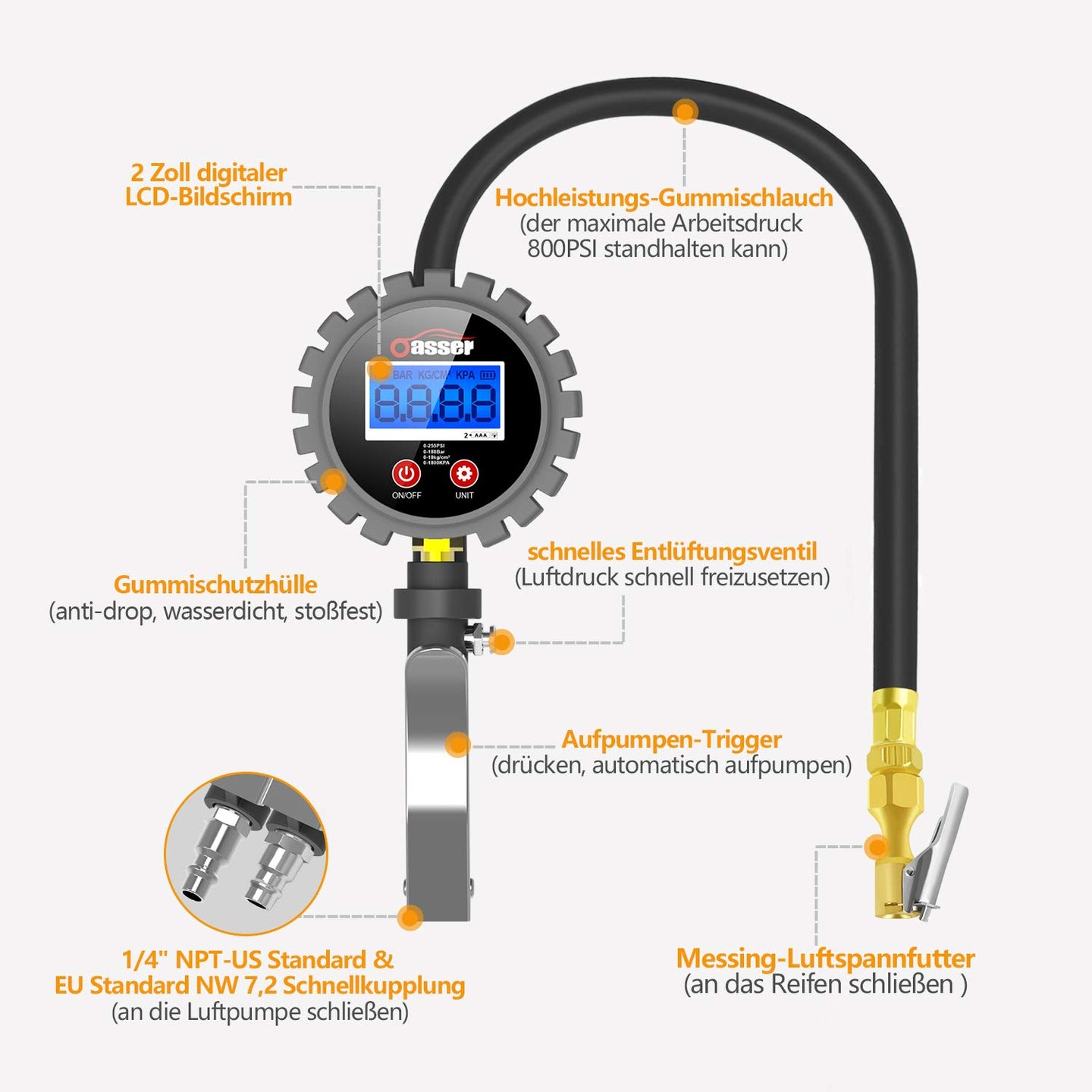 Digitaler Reifendruckmesser Reifenfüller 255 PSI Reifendruckmesser Digitaler Reifendruckprüfer für Auto...