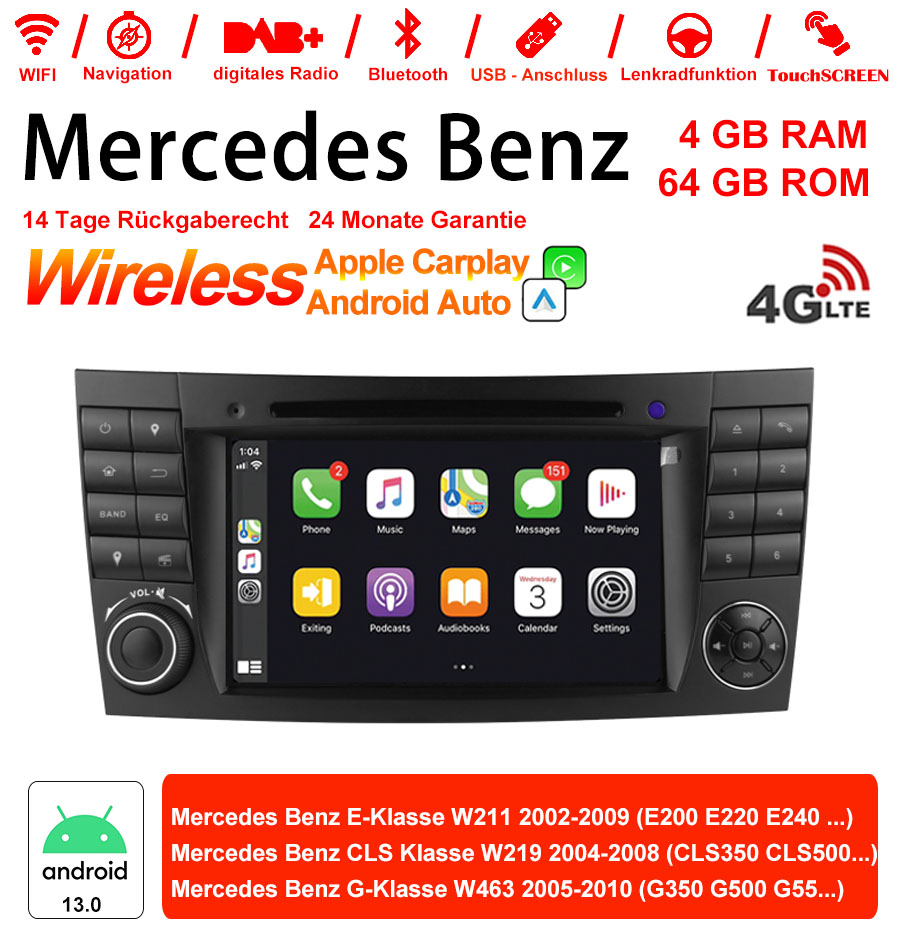 Android Autoradio für Mercedes Benz E-Klasse W211, CLS W219 und G-Klasse W463 2002-2010 mit Wireless CarPlay, Android Auto & DAB+