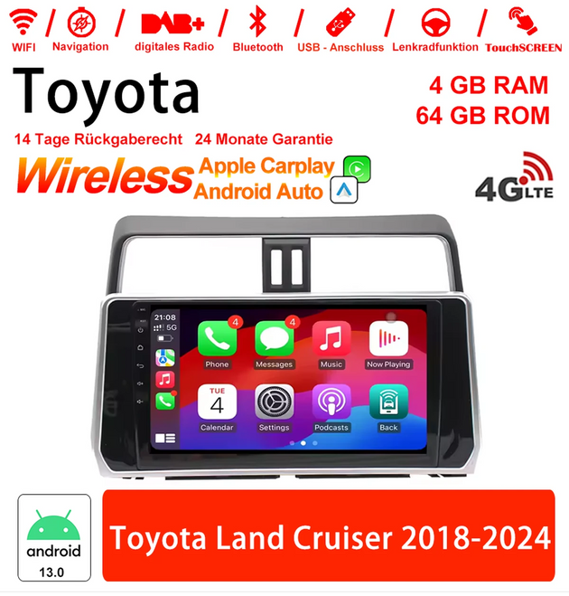 Android Autoradio für Toyota Land Cruiser 2018-2024 mit Wireless CarPlay & Android Auto