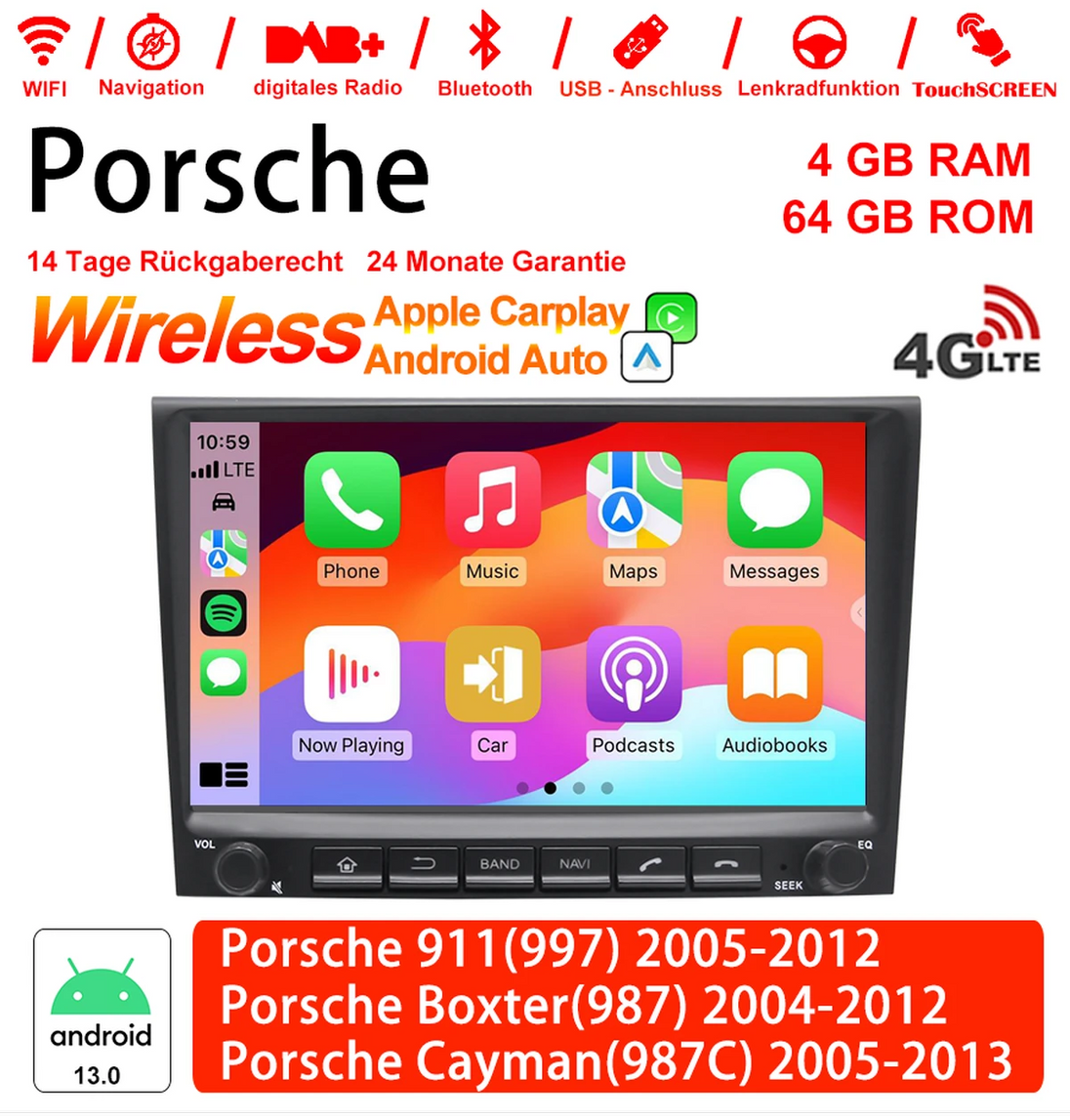 Android Autoradio für Porsche 911 (997), Boxster (987), Cayman (987C) 2004-2013 mit CarPlay und Android Auto