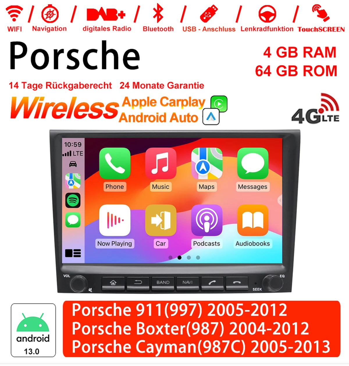 Android Autoradio für Porsche 911 (997), Boxster (987), Cayman (987C) 2004-2013 mit CarPlay und Android Auto