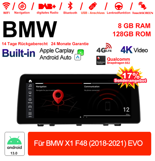 Android Autoradio für BMW X1 F48 2018-2021 mit Wireless CarPlay, Android Auto & DAB+