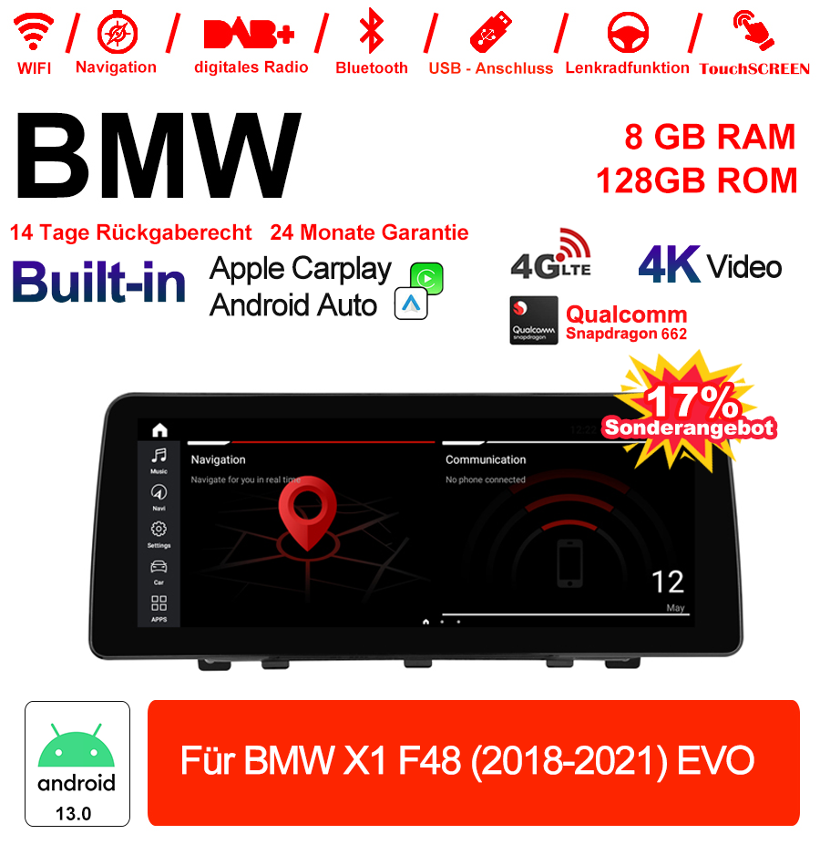 Android Autoradio für BMW X1 F48 2018-2021 mit Wireless CarPlay, Android Auto & DAB+